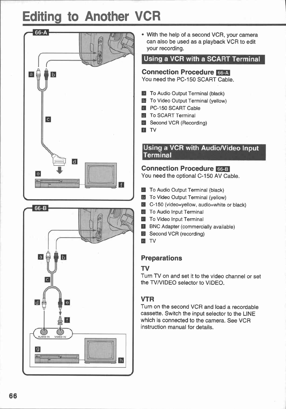 Editing to another vcr, Using a vcr with a scart terminal, Connection procedure | Using a vcr with audio/video input terminal, Preparations | Canon E 430 User Manual | Page 68 / 86