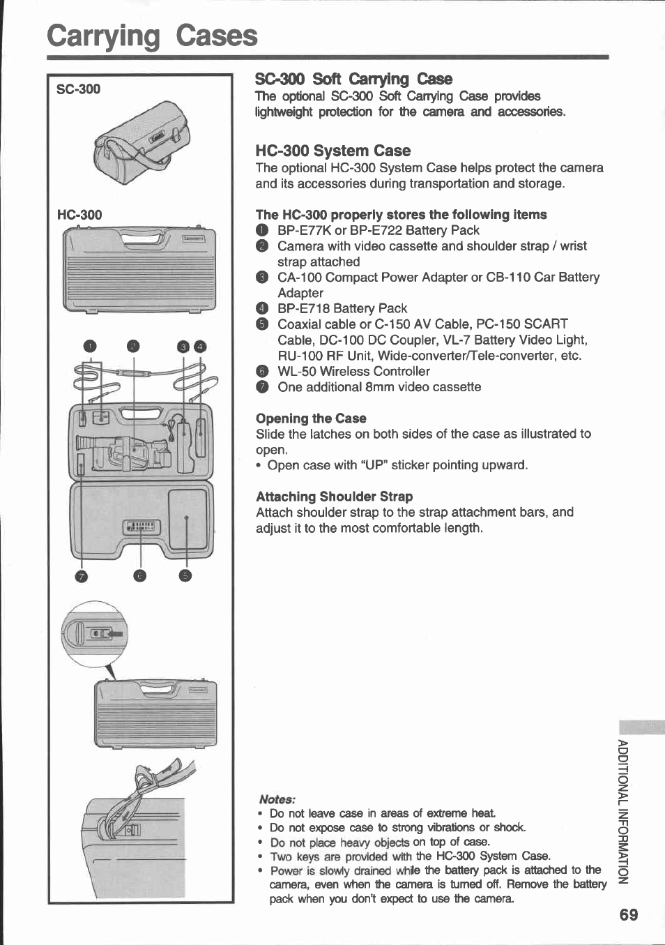 Carrying cases, Sc-300 soft carrying case, Hc-300 system case | The hc-300 properly stores the following items, Opening the case, Attaching shoulder strap | Canon E 430 User Manual | Page 71 / 86