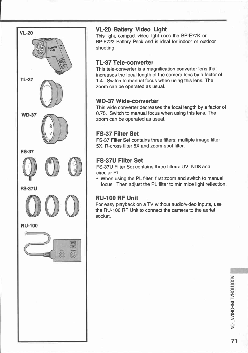 Vl-20 battery video light, Tl-37 teie-con verier, Wd-37 wide-converter | Fs-37 fiiter set, Fs-37u filter set, Ru-100 rf unit | Canon E 430 User Manual | Page 73 / 86
