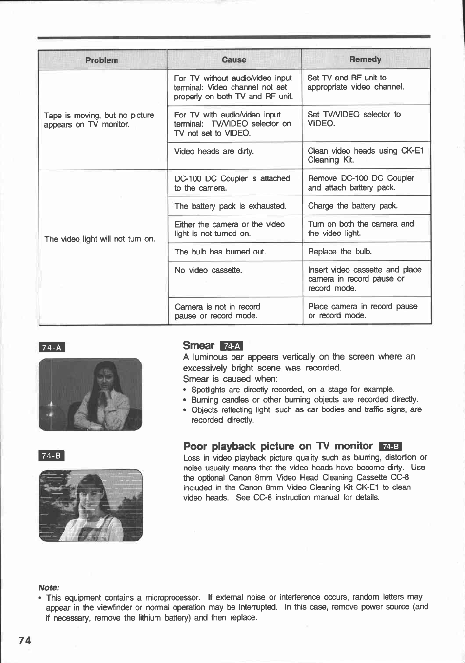 Smear eq, Poor playback picture on tv monitor eei | Canon E 430 User Manual | Page 76 / 86