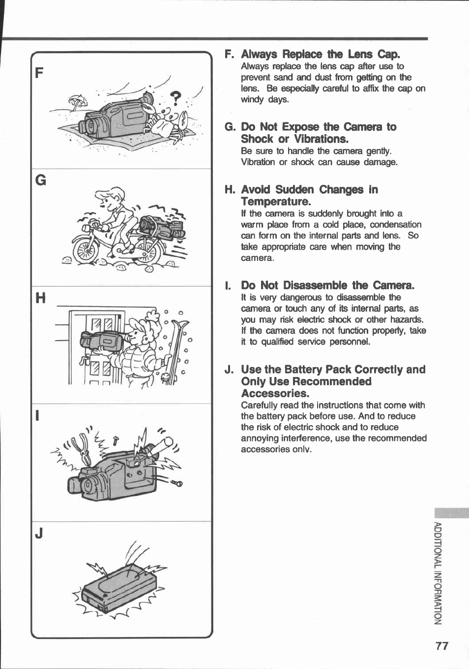 F. always replace the lens cap, G. do not expose the camera to shock or vibrations, H. avoid sudden changes in temperature | I. do not disassemble the camera | Canon E 430 User Manual | Page 79 / 86
