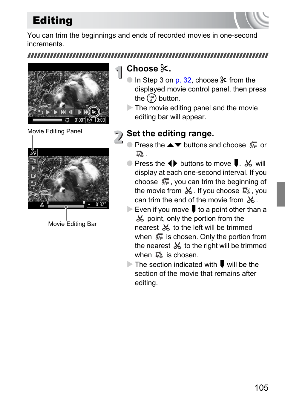 Editing, P. 105), Choose | Set the editing range | Canon IXUS 130 User Manual | Page 105 / 176