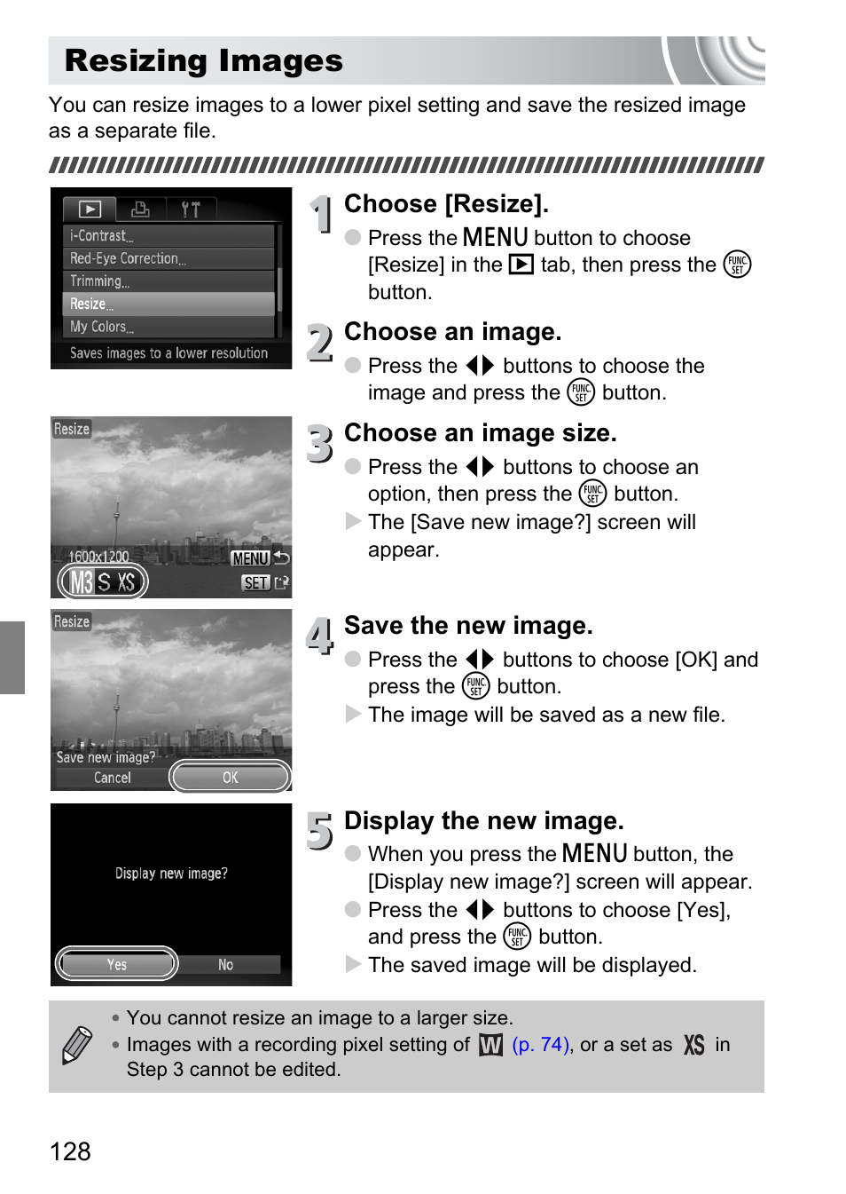 Resizing images, Choose [resize, Choose an image | Choose an image size, Save the new image, Display the new image | Canon IXUS 130 User Manual | Page 128 / 176