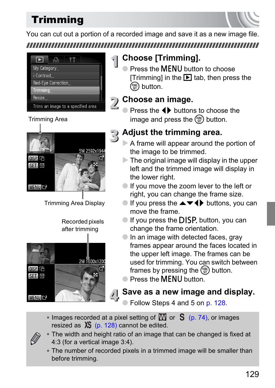 Trimming, Choose [trimming, Choose an image | Adjust the trimming area, Save as a new image and display | Canon IXUS 130 User Manual | Page 129 / 176