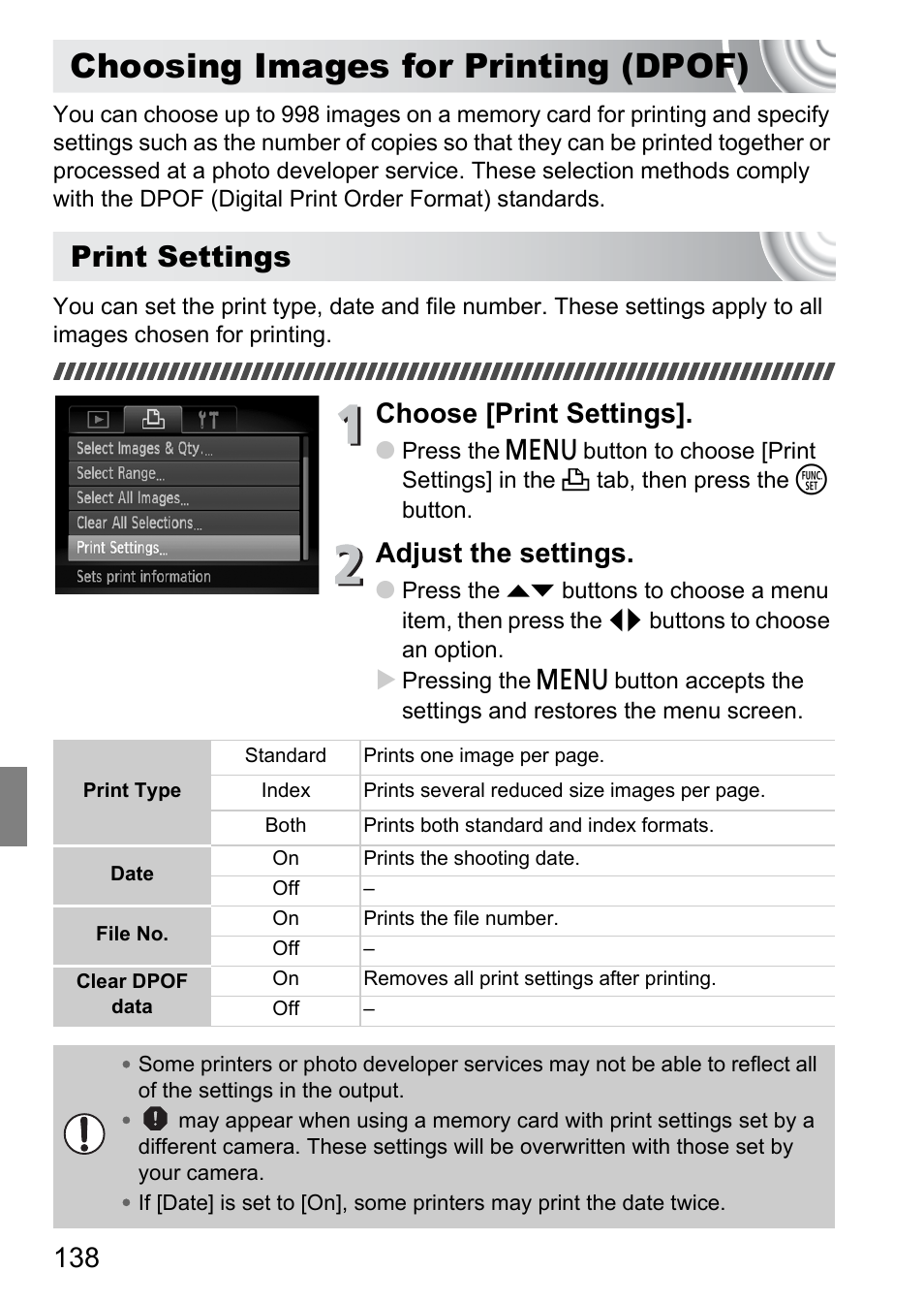 Choosing images for printing (dpof), Choosing images for printing, Dpof) | P. 138), Print settings, Choose [print settings, Adjust the settings | Canon IXUS 130 User Manual | Page 138 / 176
