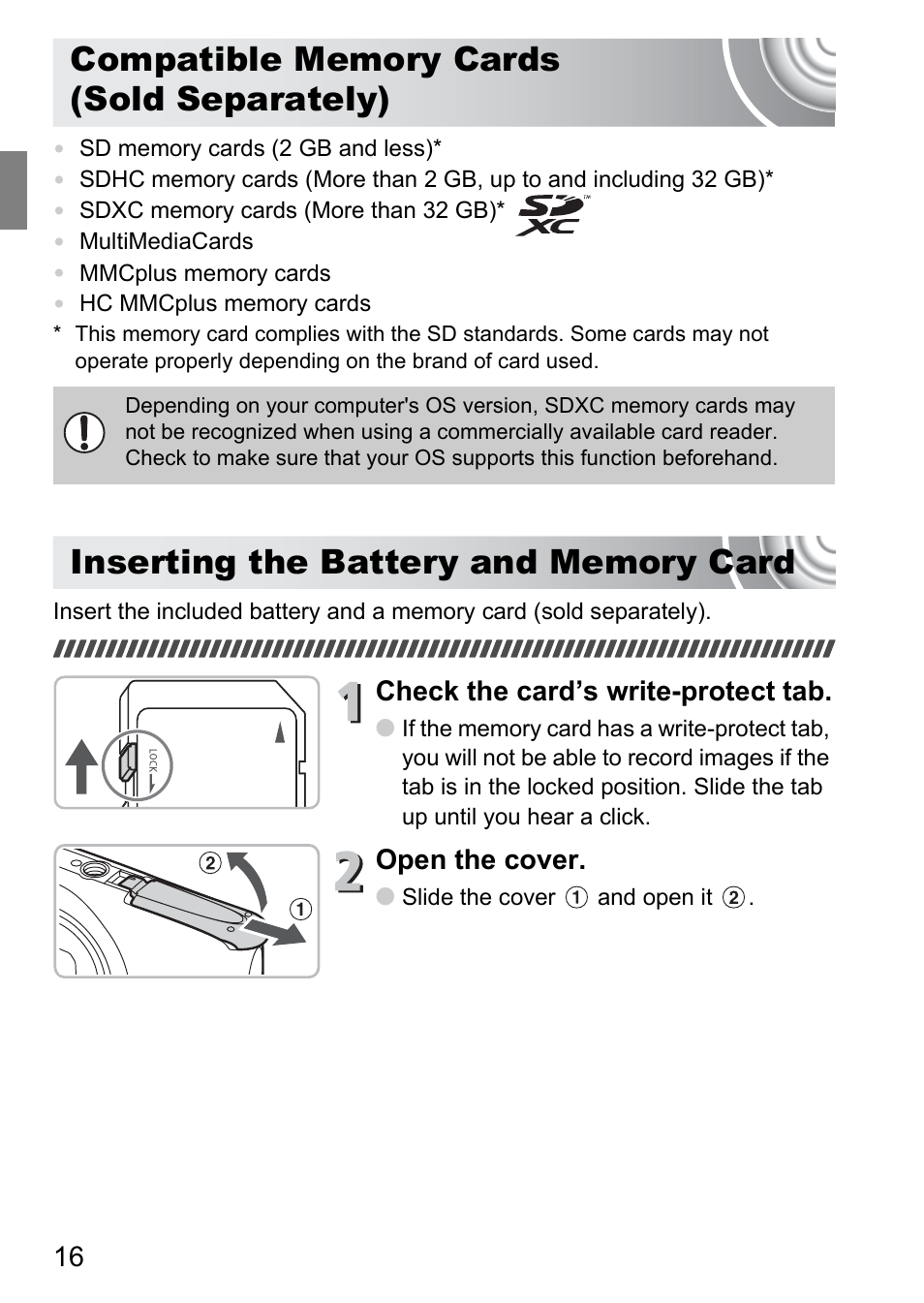 Compatible memory cards (sold separately), Inserting the battery and memory card, Compatible memory cards | Sold separately), Inserting the battery and, Memory card, Check the card’s write-protect tab, Open the cover | Canon IXUS 130 User Manual | Page 16 / 176