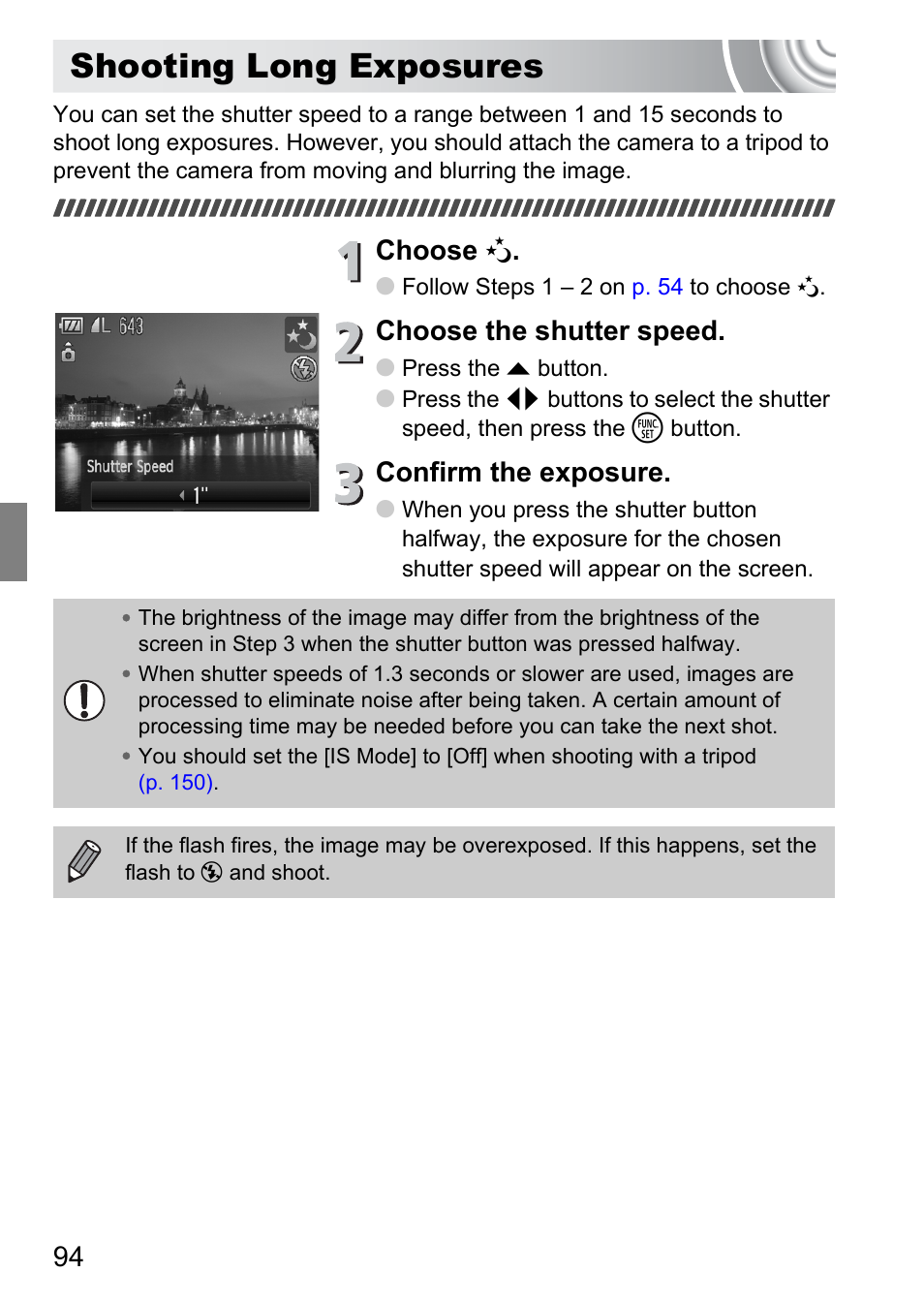 Shooting long exposures, P. 94), Choose | Choose the shutter speed, Confirm the exposure | Canon IXUS 130 User Manual | Page 94 / 176