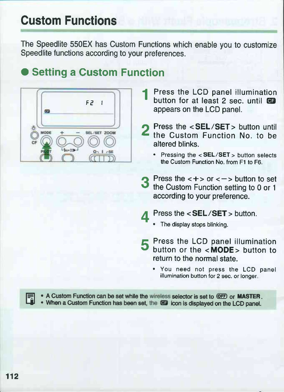 Custom functions, Setting a custom function | Canon 550EX User Manual | Page 112 / 128