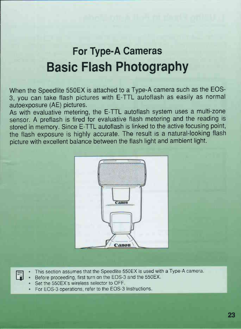 For type-a cameras, Basic flash photography | Canon 550EX User Manual | Page 23 / 128