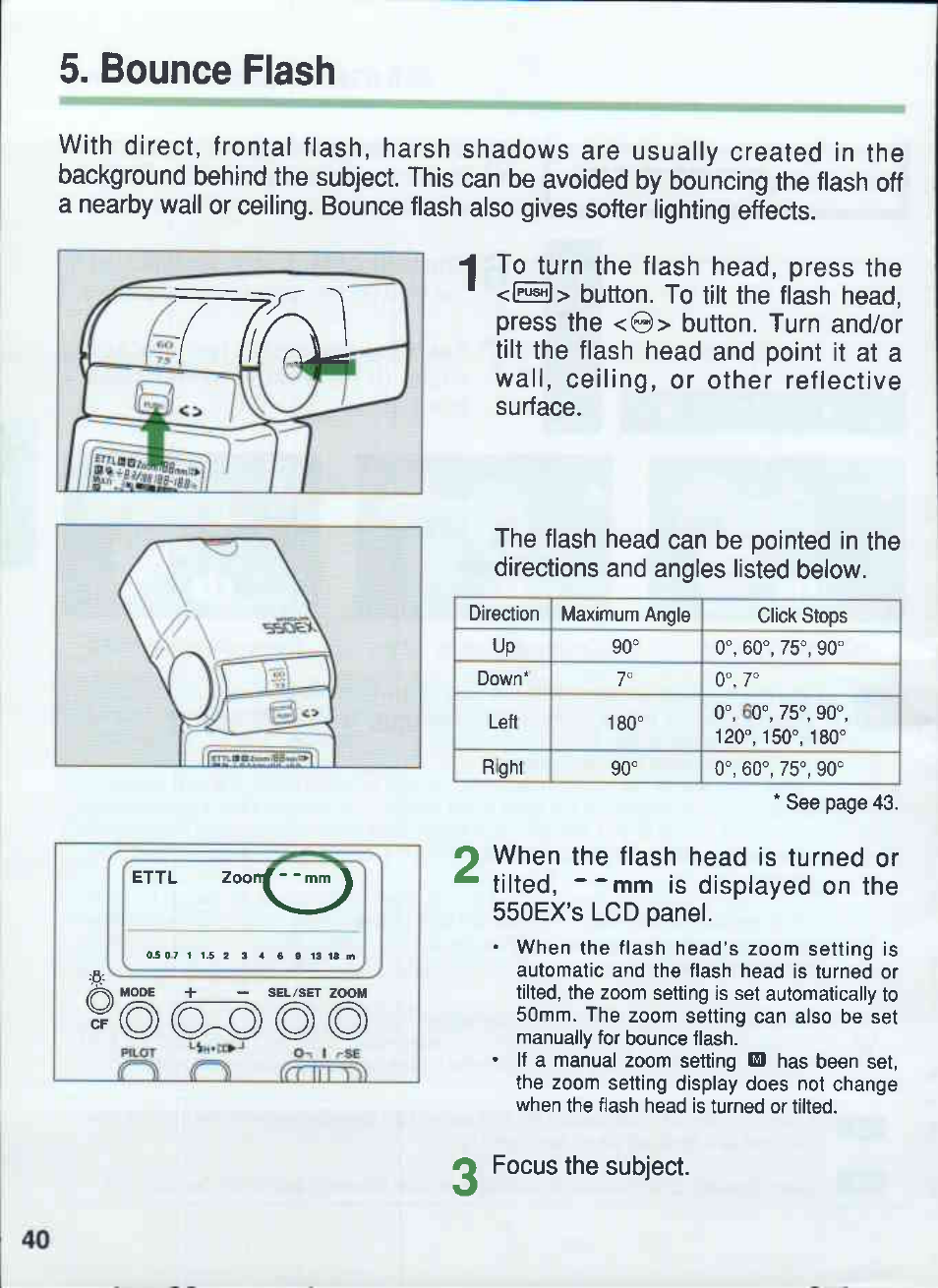 Bounce flash, Focus the subject | Canon 550EX User Manual | Page 40 / 128