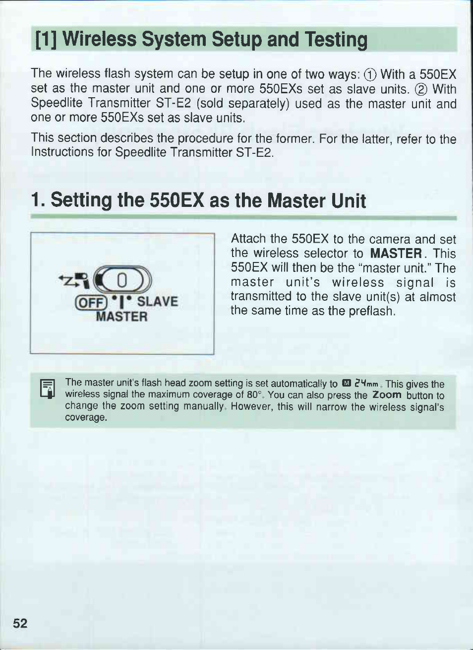 1] wireless system setup and testing, Setting the 550ex as the master unit | Canon 550EX User Manual | Page 52 / 128