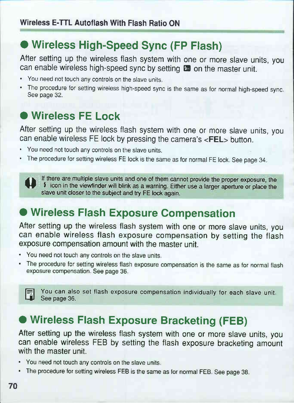 Wireless high-speed sync (fp flash), Wireless fe lock, Wireless flash exposure compensation | Wireless flash exposure bracketing (feb) | Canon 550EX User Manual | Page 70 / 128