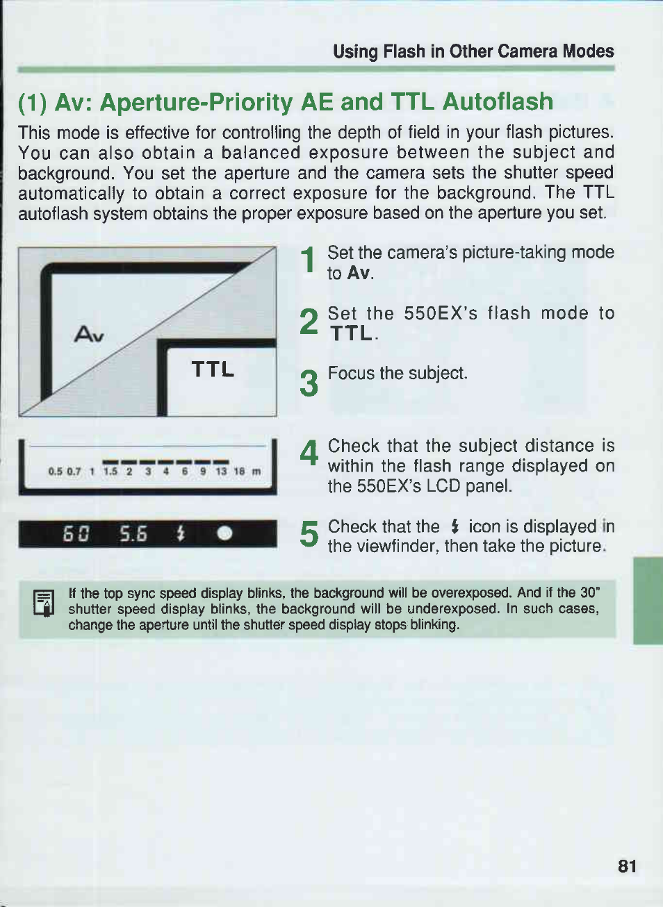 1) av: aperture-priority ae and ttl autofiash | Canon 550EX User Manual | Page 81 / 128