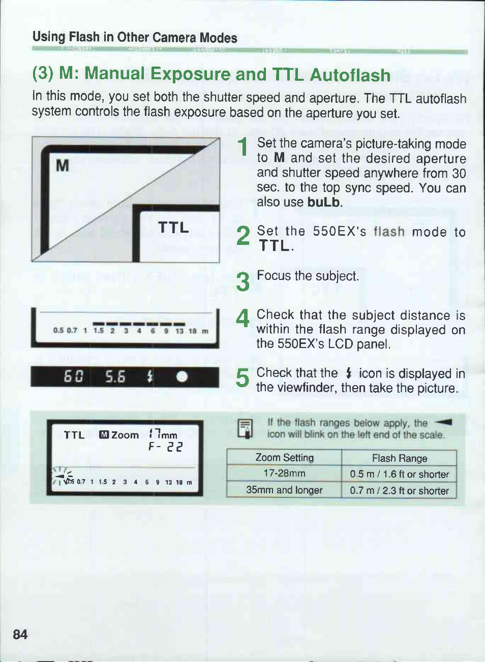 3) m: manual exposure and ttl autoflash, T t l | Canon 550EX User Manual | Page 84 / 128