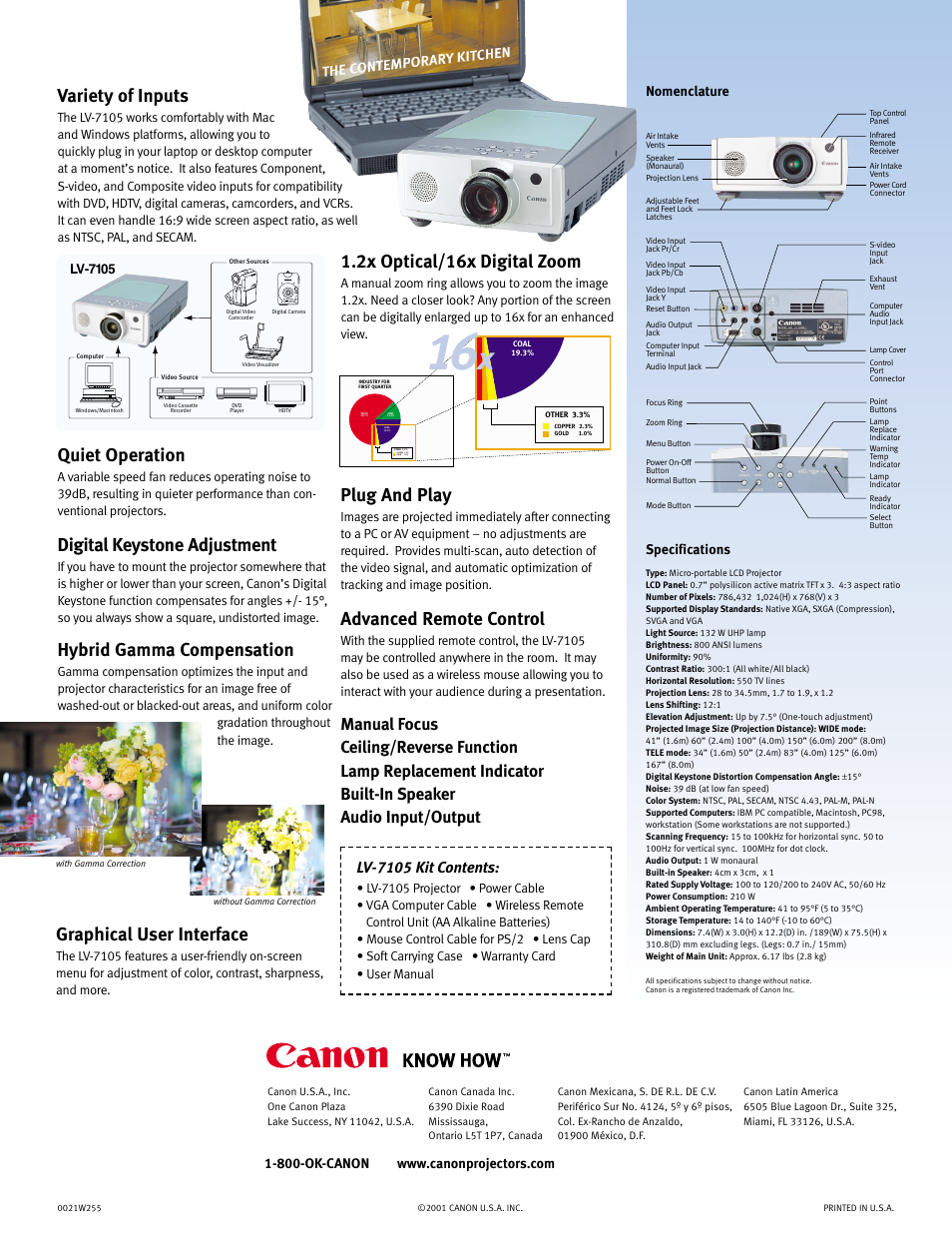 Variety of inputs, Plug and play, Advanced remote control | Graphical user interface, 2x optical/16x digital zoom, Quiet operation, Digital keystone adjustment, Hybrid gamma compensation, Lv-7105 kit contents, Nomenclature | Canon LV-7105 User Manual | Page 2 / 2