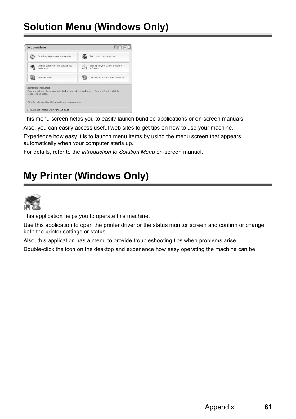 Solution menu (windows only), My printer (windows only) | Canon MP 190 Pixma User Manual | Page 65 / 76
