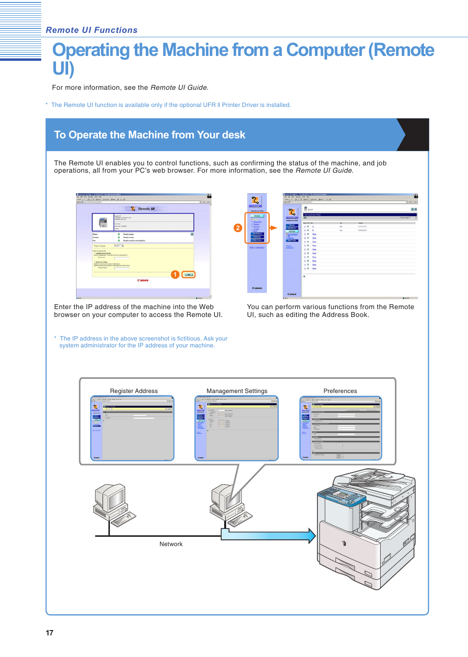 Remote ui functions, Operating the machine from a computer (remote ui) | Canon IR2020 User Manual | Page 18 / 30