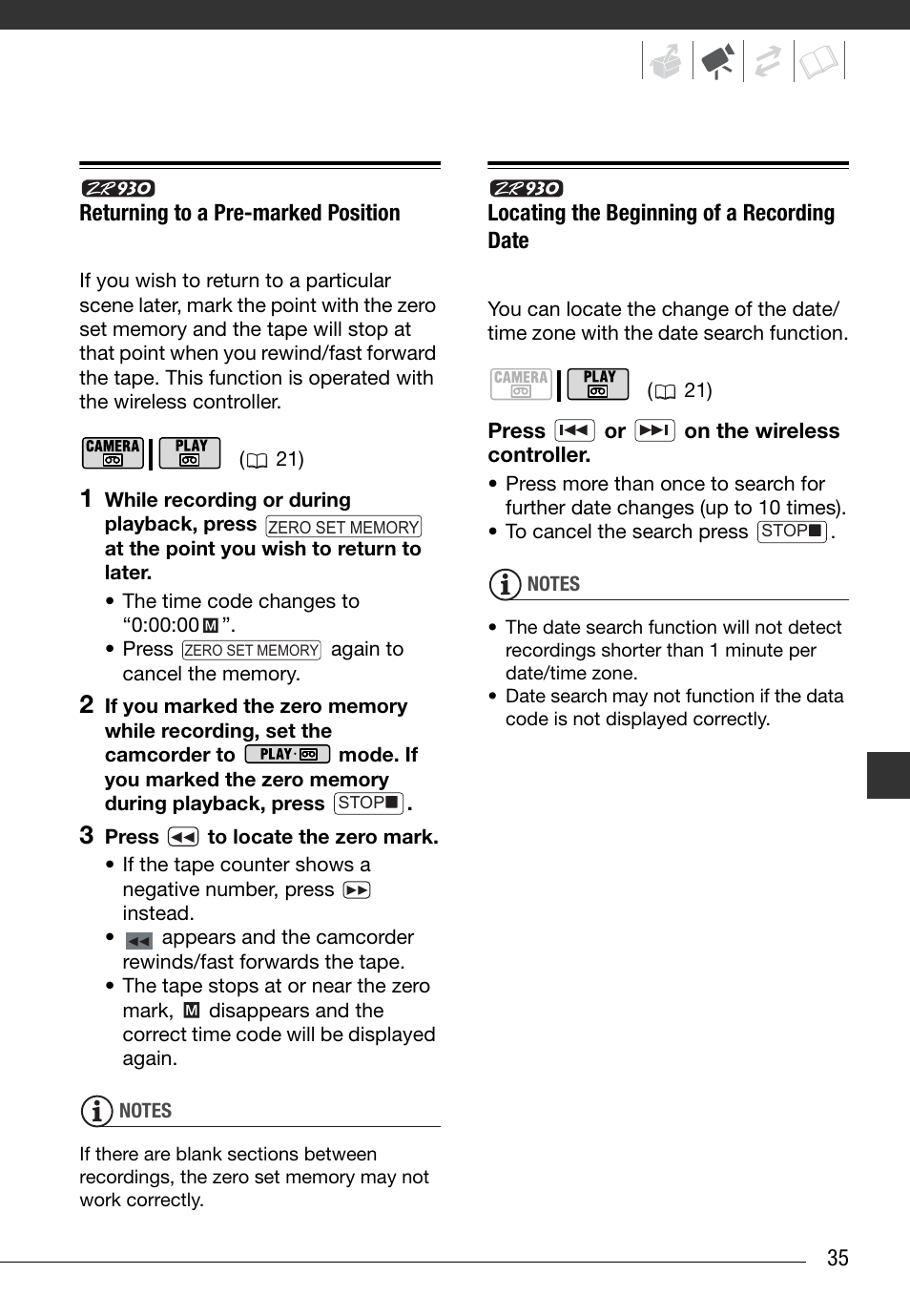 Returning to a pre-marked position, Locating the beginning of a recording date | Canon Digital Video Camcorder ZR900 User Manual | Page 37 / 85
