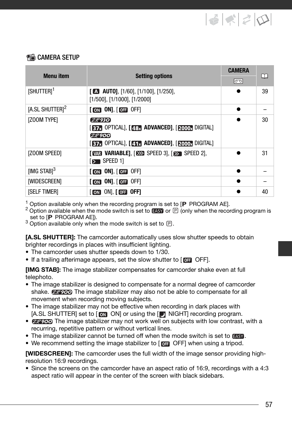 Setup menus, Camera setup | Canon Digital Video Camcorder ZR900 User Manual | Page 59 / 85