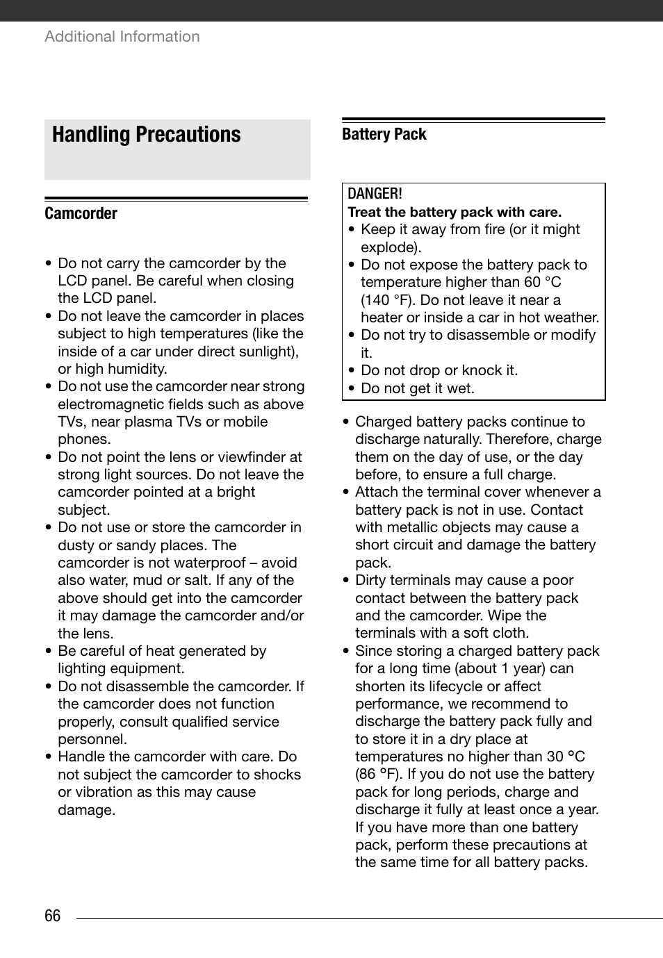 Handling precautions, Camcorder, Battery pack | Danger, Do’s and don’ts | Canon Digital Video Camcorder ZR900 User Manual | Page 68 / 85