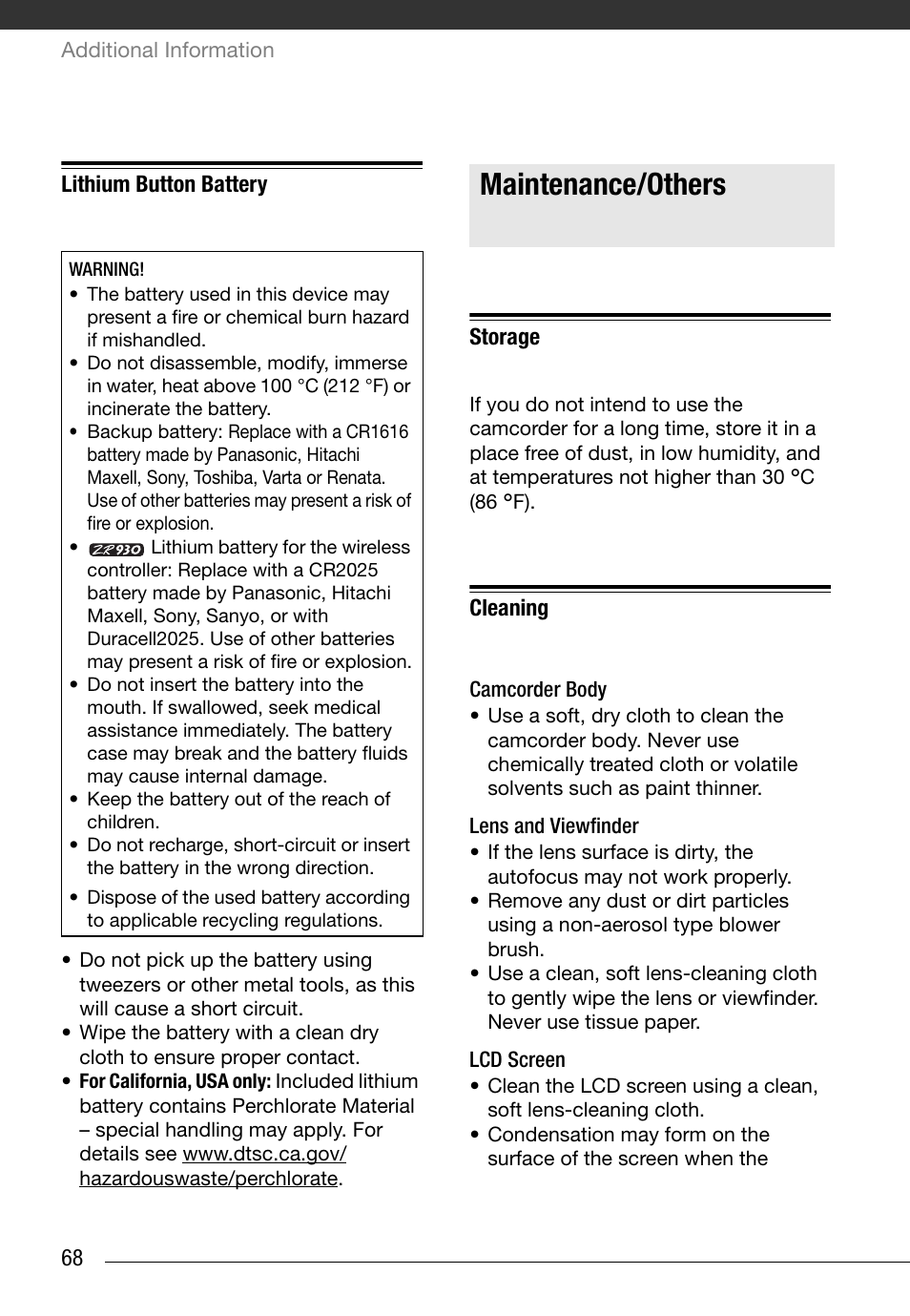 Lithium button battery, Maintenance/others, Storage | Cleaning, Camcorder body, Lens and viewfinder, Lcd screen | Canon Digital Video Camcorder ZR900 User Manual | Page 70 / 85