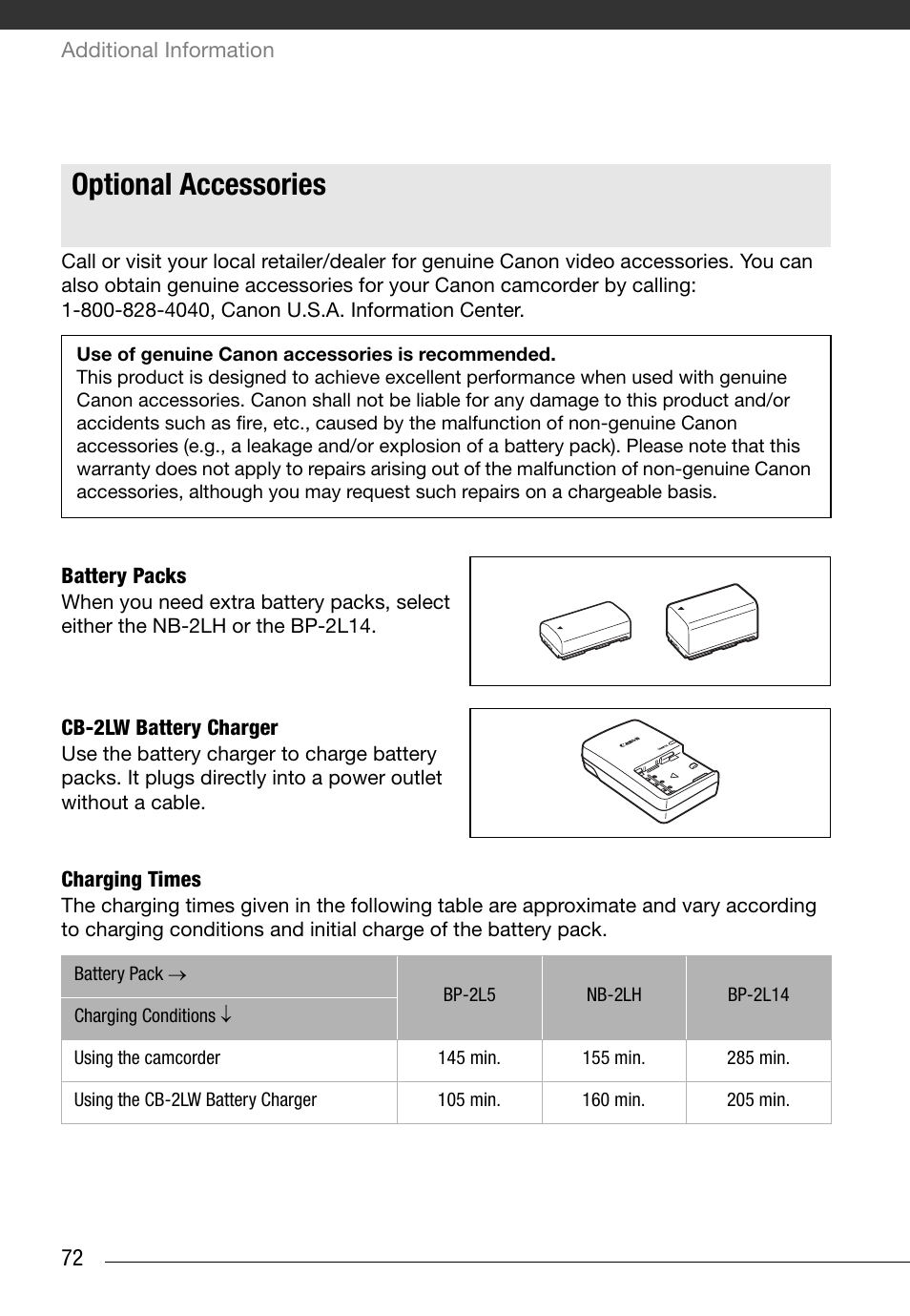 Optional accessories, Battery packs, Cb-2lw battery charger | Charging times | Canon Digital Video Camcorder ZR900 User Manual | Page 74 / 85