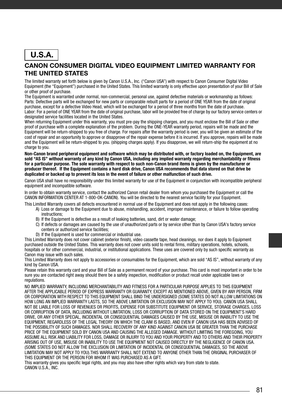U.s.a | Canon Digital Video Camcorder ZR900 User Manual | Page 83 / 85