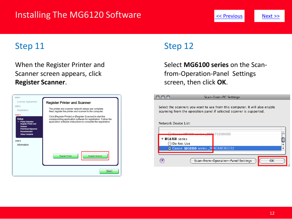 Installing the mg6120 software, Step 11, Step 12 | Canon MG6120 User Manual | Page 12 / 13