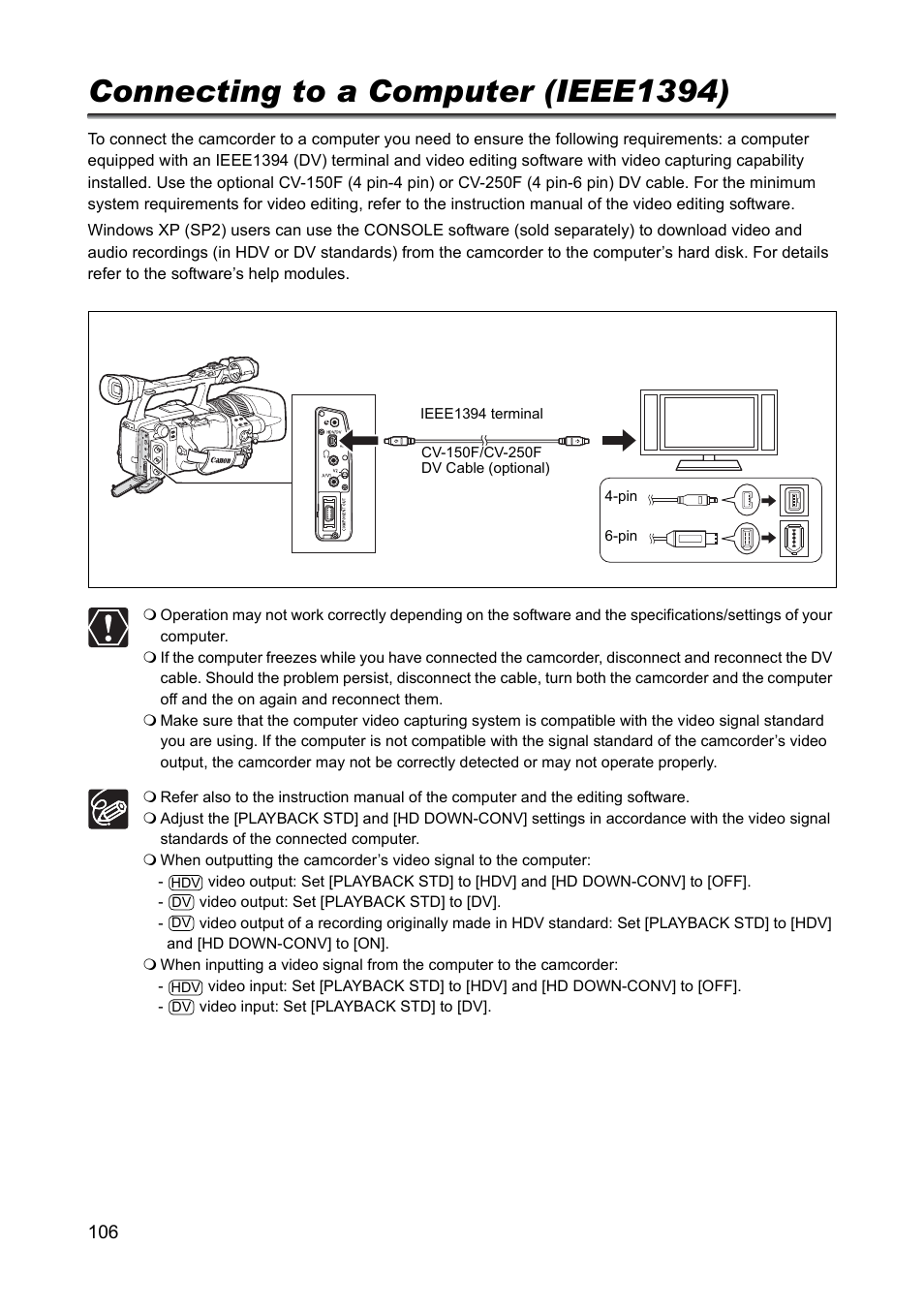 Connecting to a computer (ieee1394) | Canon XH A1 User Manual | Page 106 / 159