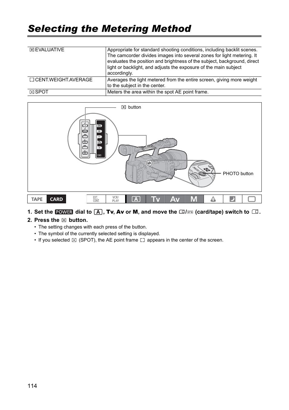 Selecting the metering method | Canon XH A1 User Manual | Page 114 / 159