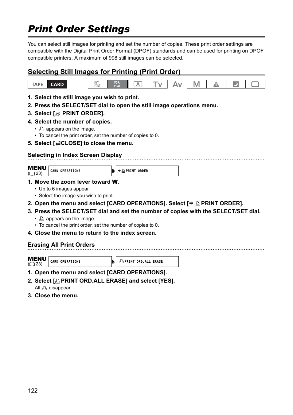 Print order settings, Selecting still images for printing (print order) | Canon XH A1 User Manual | Page 122 / 159