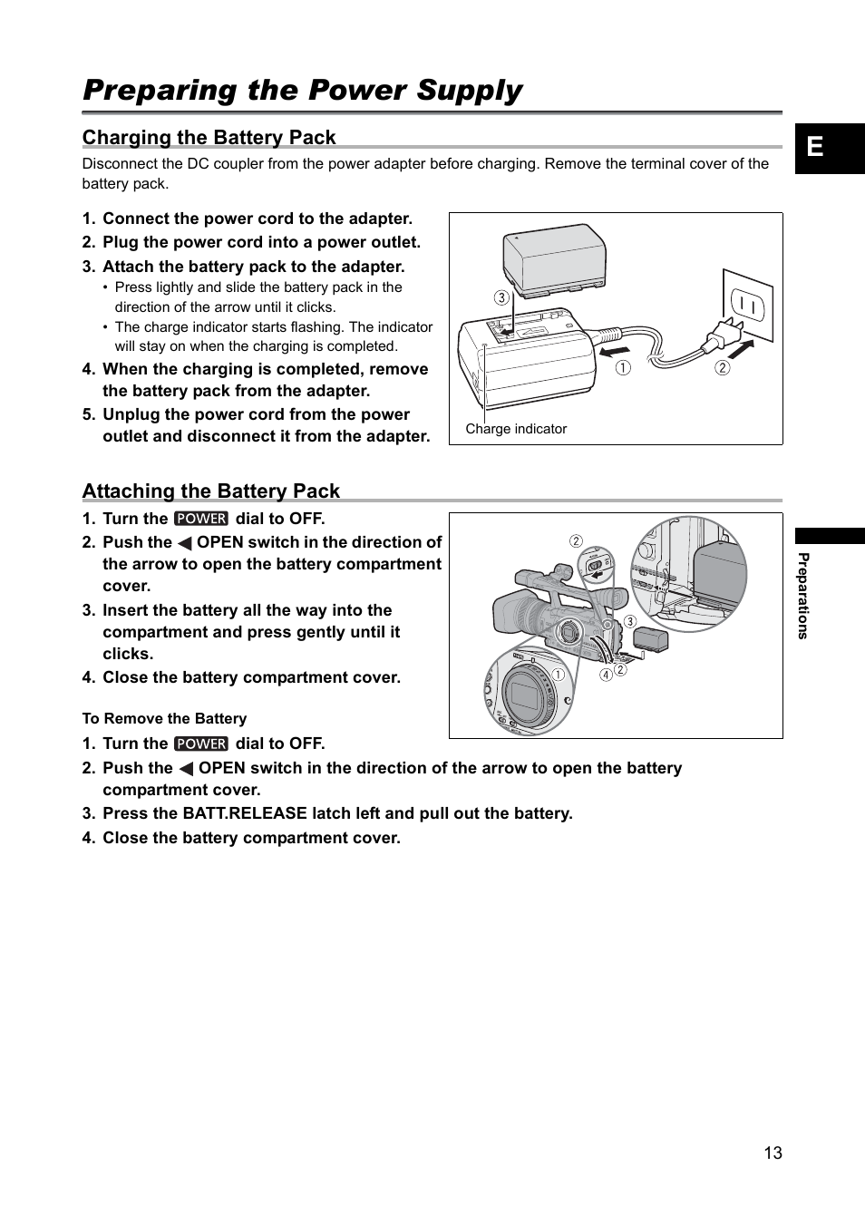 Preparations, Preparing the power supply, Charging the battery pack | Attaching the battery pack | Canon XH A1 User Manual | Page 13 / 159