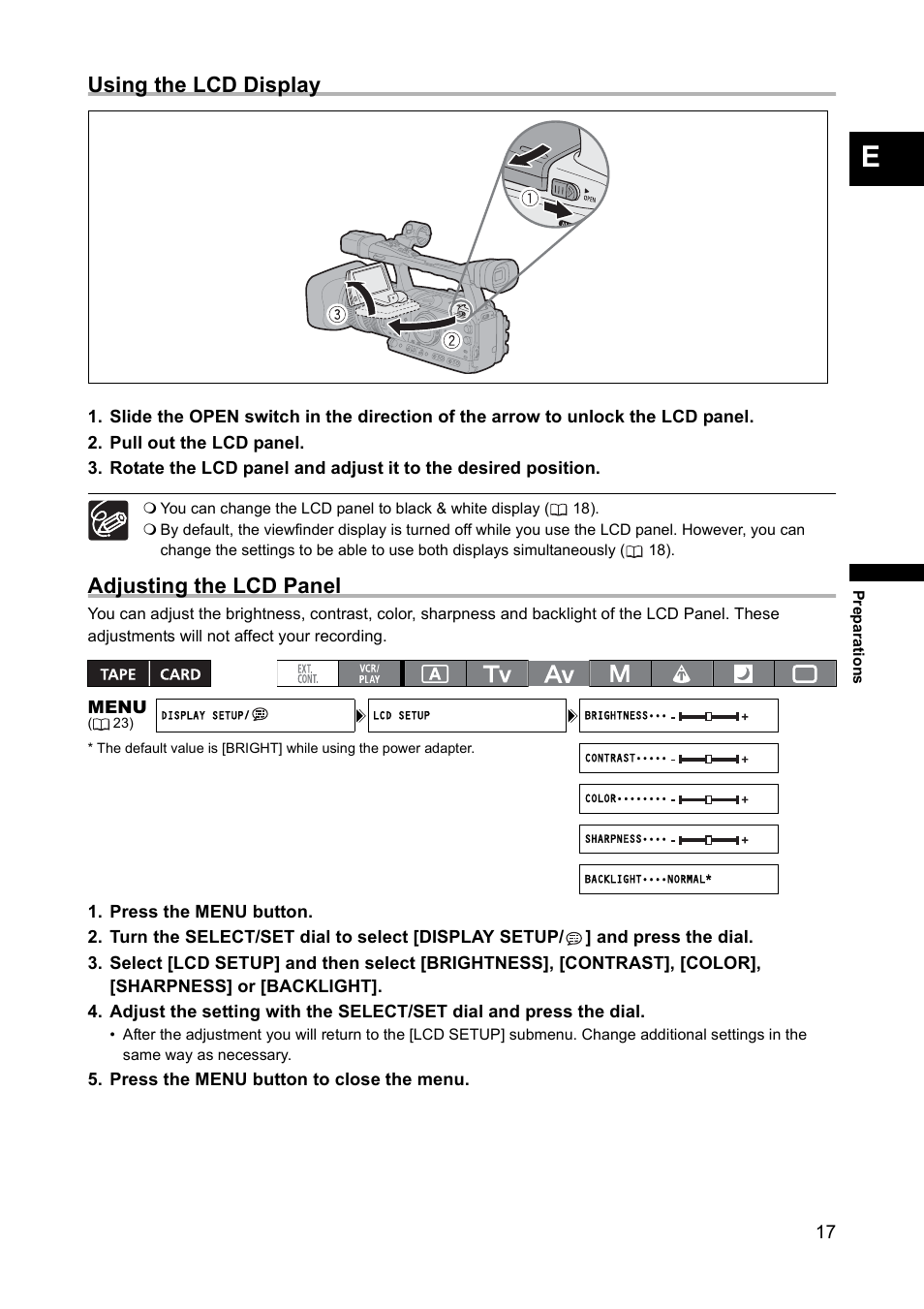 Using the lcd display, Adjusting the lcd panel | Canon XH A1 User Manual | Page 17 / 159