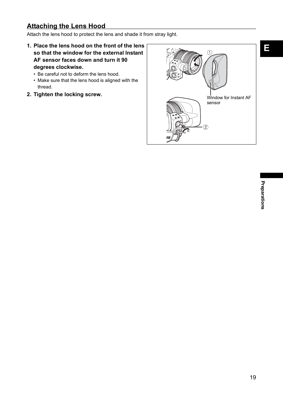 Attaching the lens hood | Canon XH A1 User Manual | Page 19 / 159