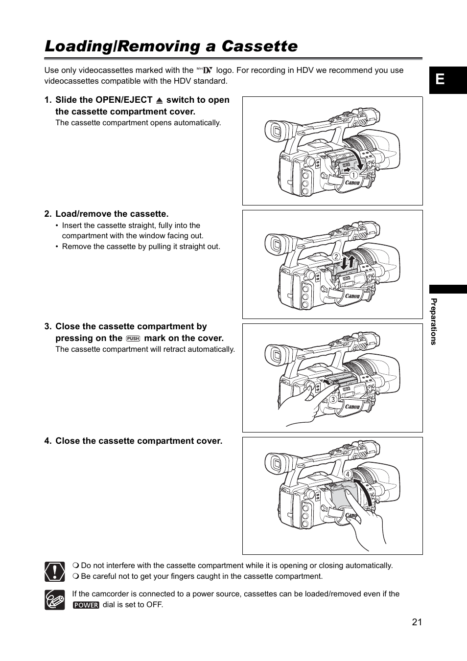 Loading/removing a cassette | Canon XH A1 User Manual | Page 21 / 159