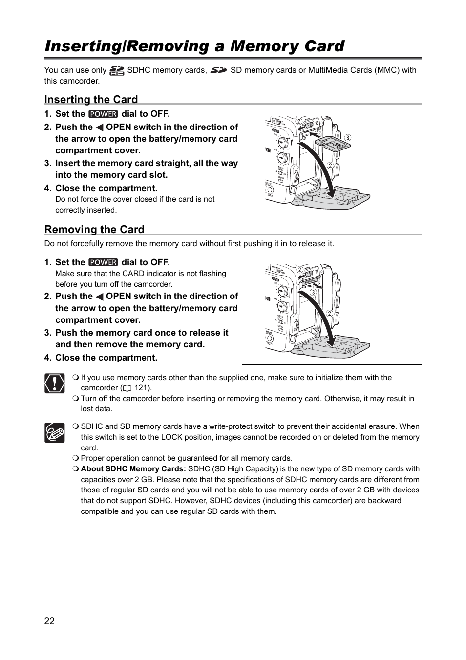 Inserting/removing a memory card, Inserting the card, Removing the card | Canon XH A1 User Manual | Page 22 / 159