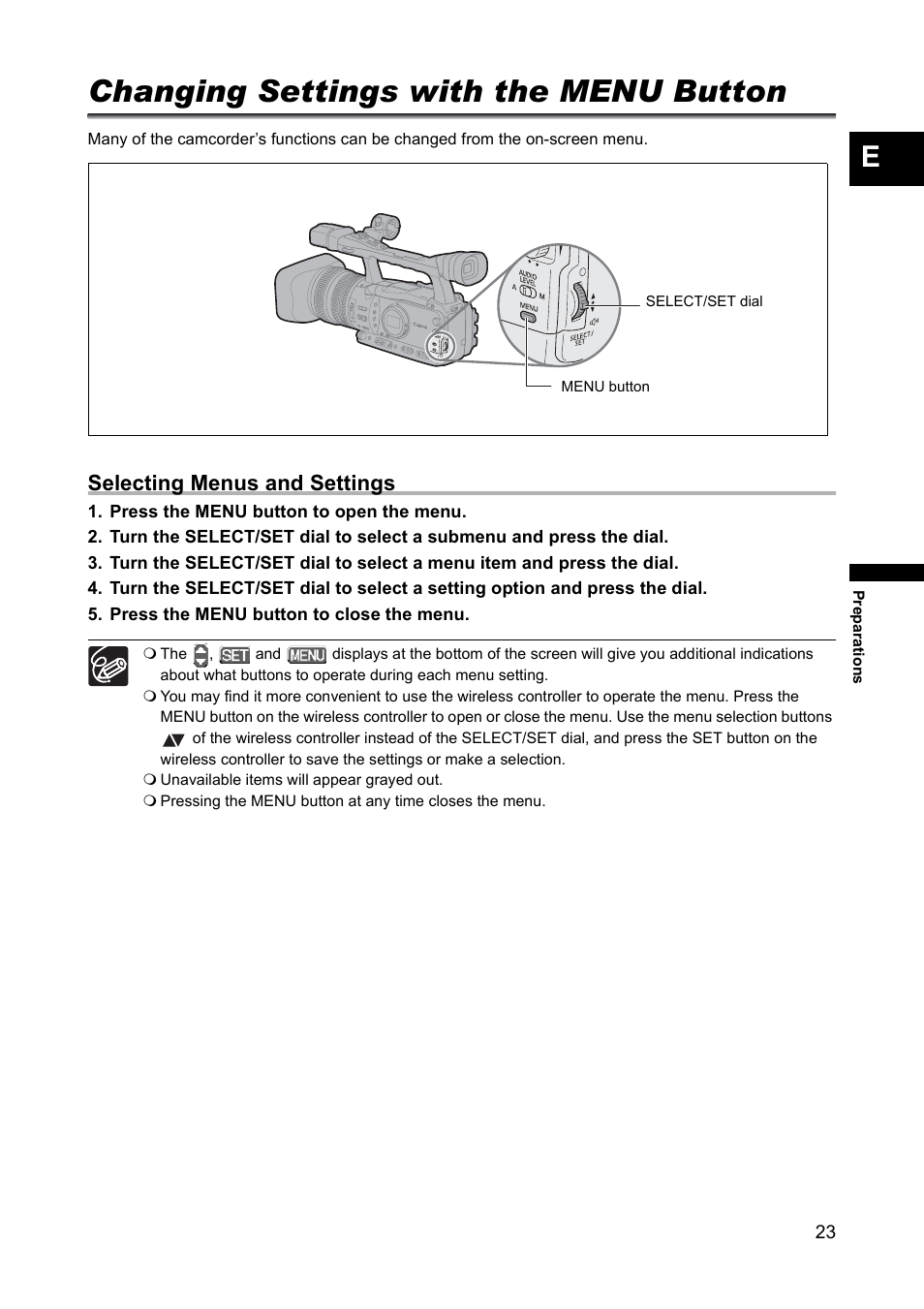 Changing settings with the menu button, Selecting menus and settings | Canon XH A1 User Manual | Page 23 / 159