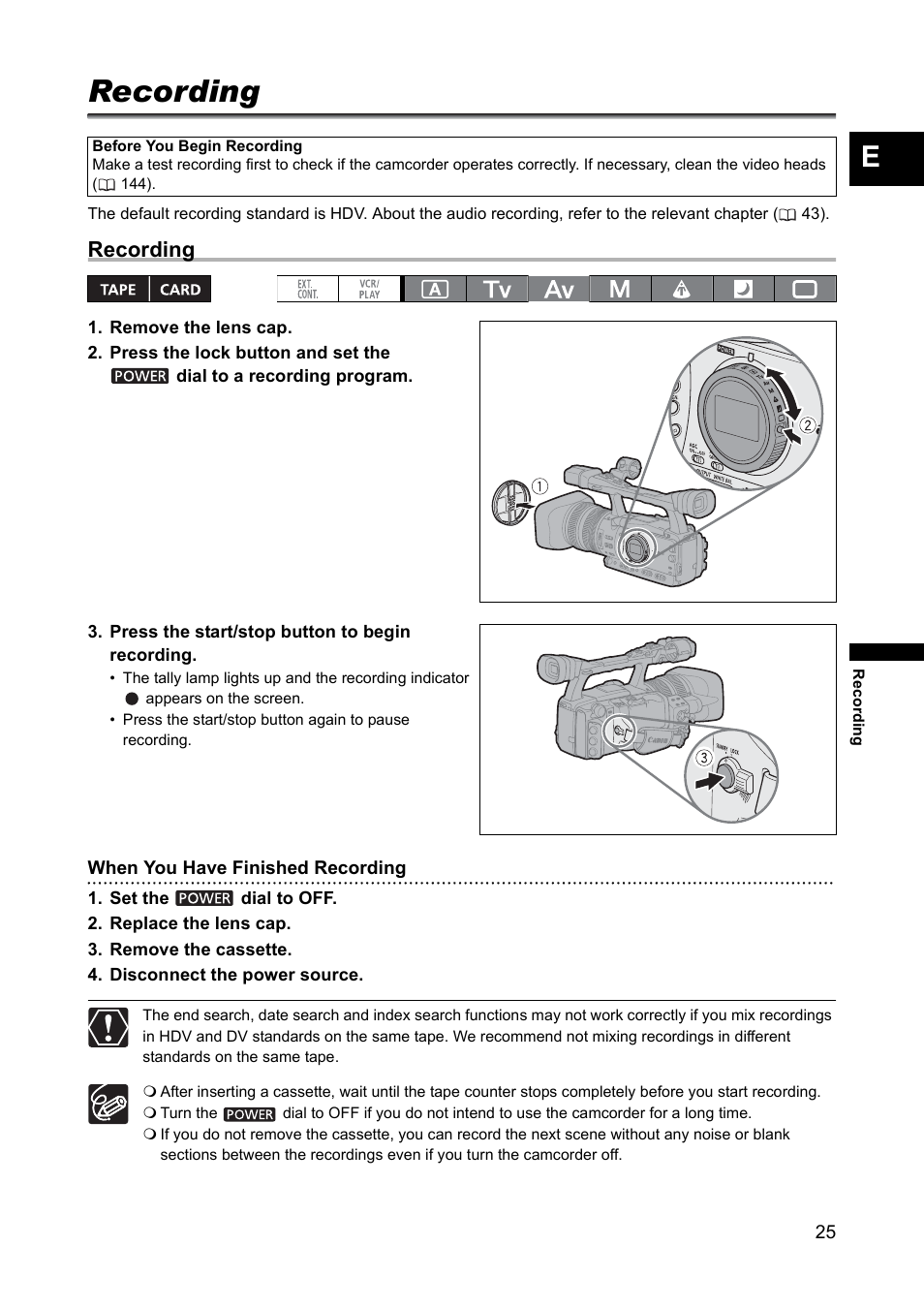 Recording | Canon XH A1 User Manual | Page 25 / 159