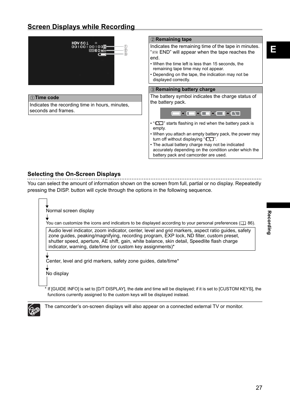 Screen displays while recording, Selecting the on-screen displays | Canon XH A1 User Manual | Page 27 / 159