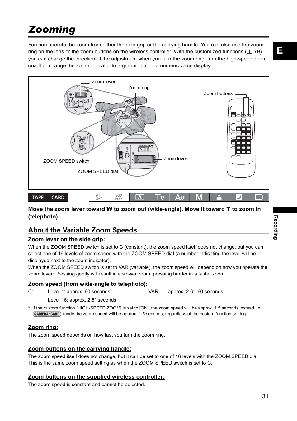 Zooming, About the variable zoom speeds | Canon XH A1 User Manual | Page 31 / 159