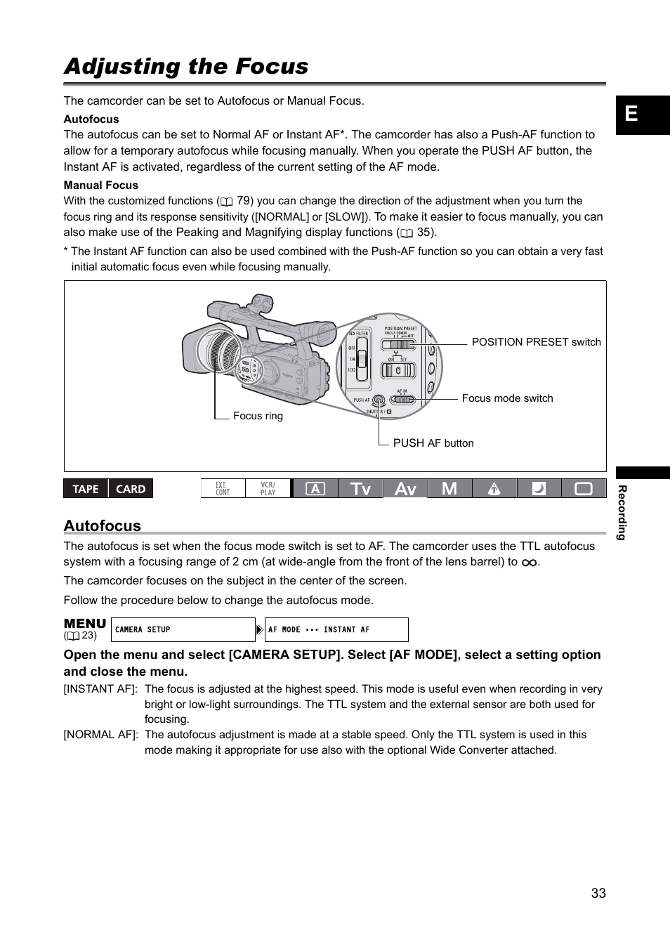 Adjusting the focus, Autofocus | Canon XH A1 User Manual | Page 33 / 159