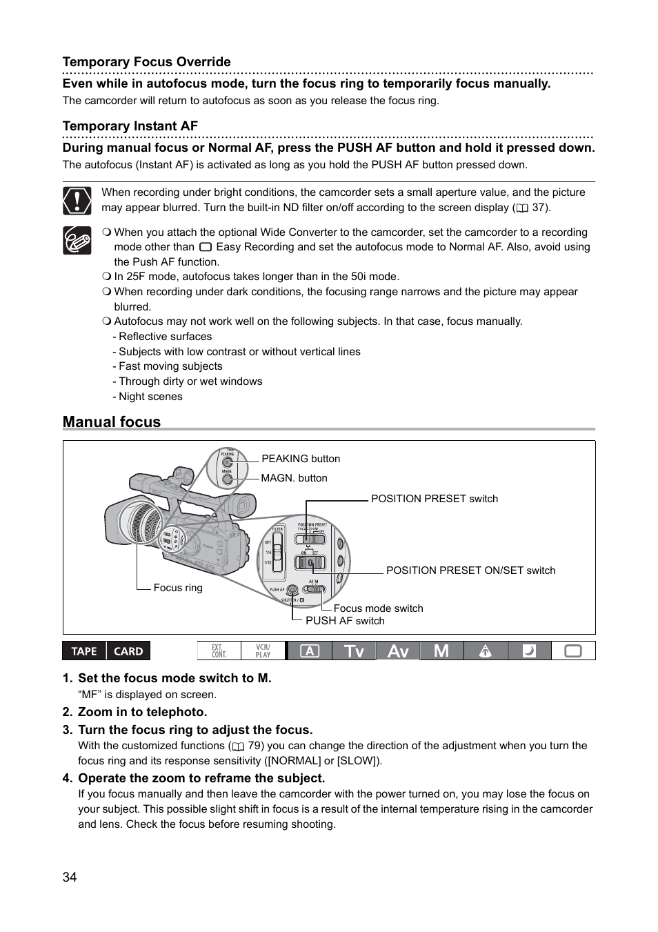 Manual focus | Canon XH A1 User Manual | Page 34 / 159