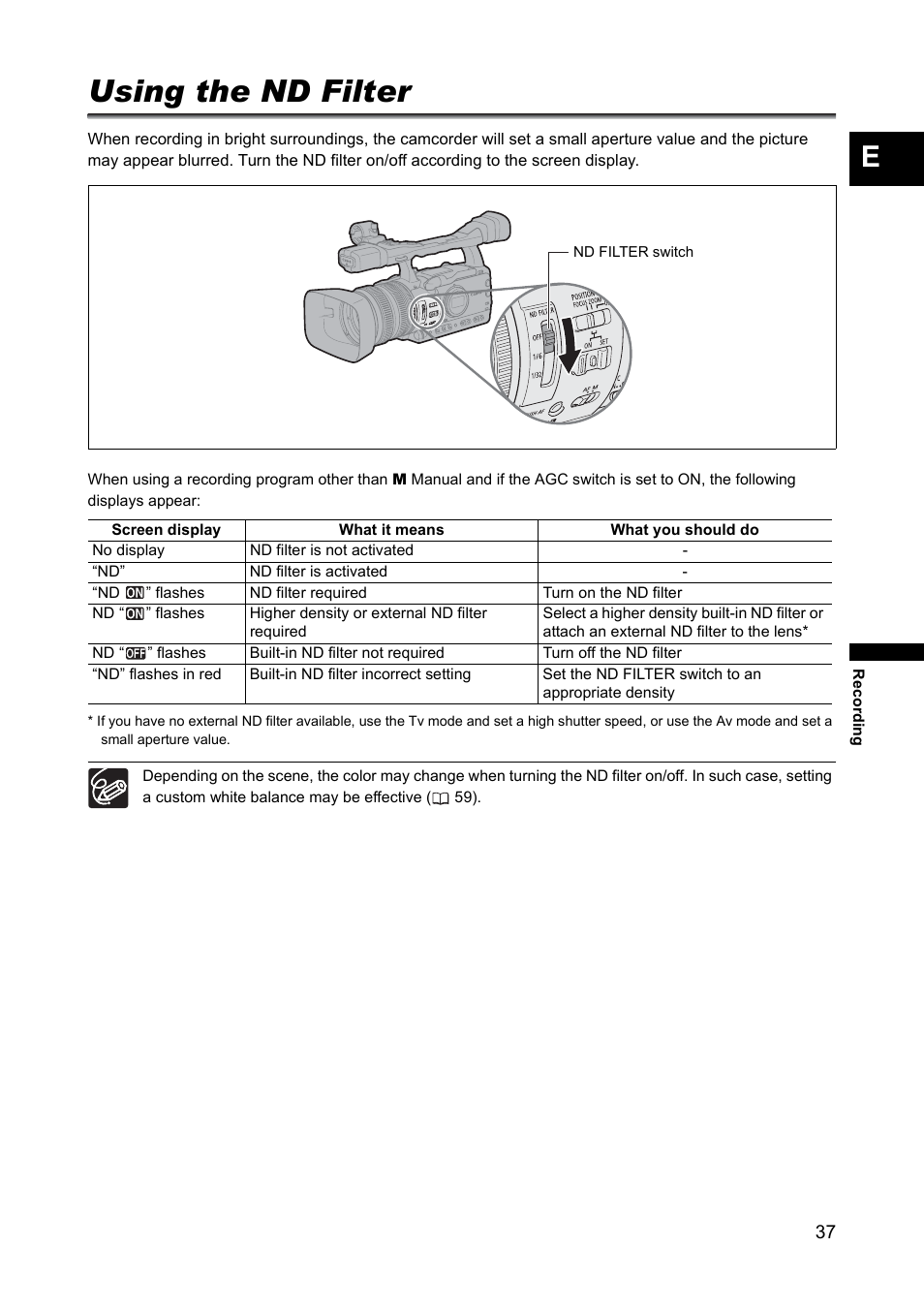 Using the nd filter | Canon XH A1 User Manual | Page 37 / 159