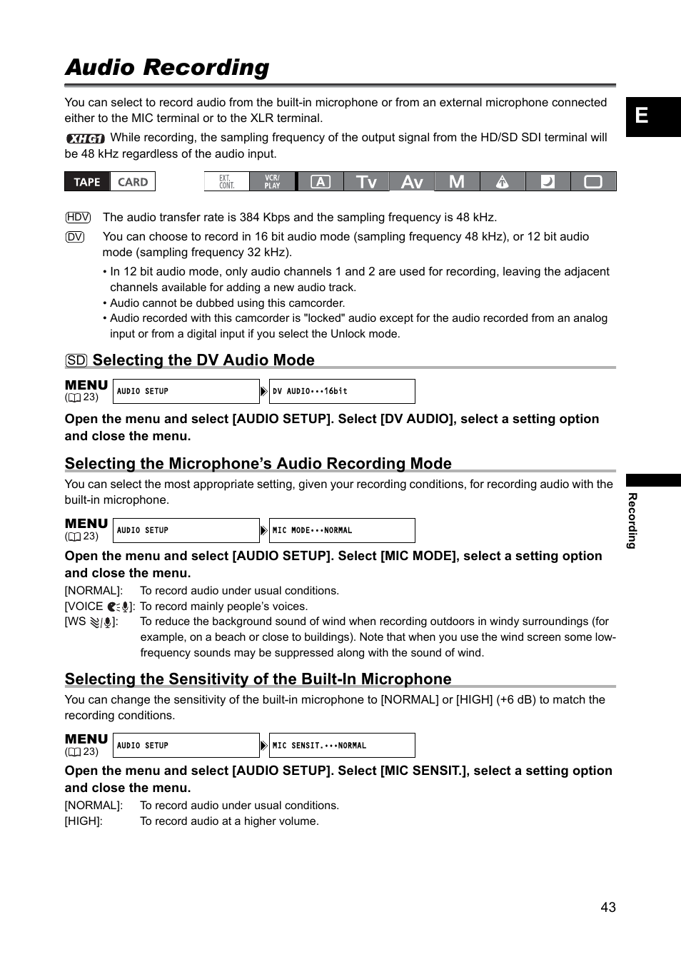 Audio recording, Selecting the dv audio mode, Selecting the microphone’s audio recording mode | Canon XH A1 User Manual | Page 43 / 159
