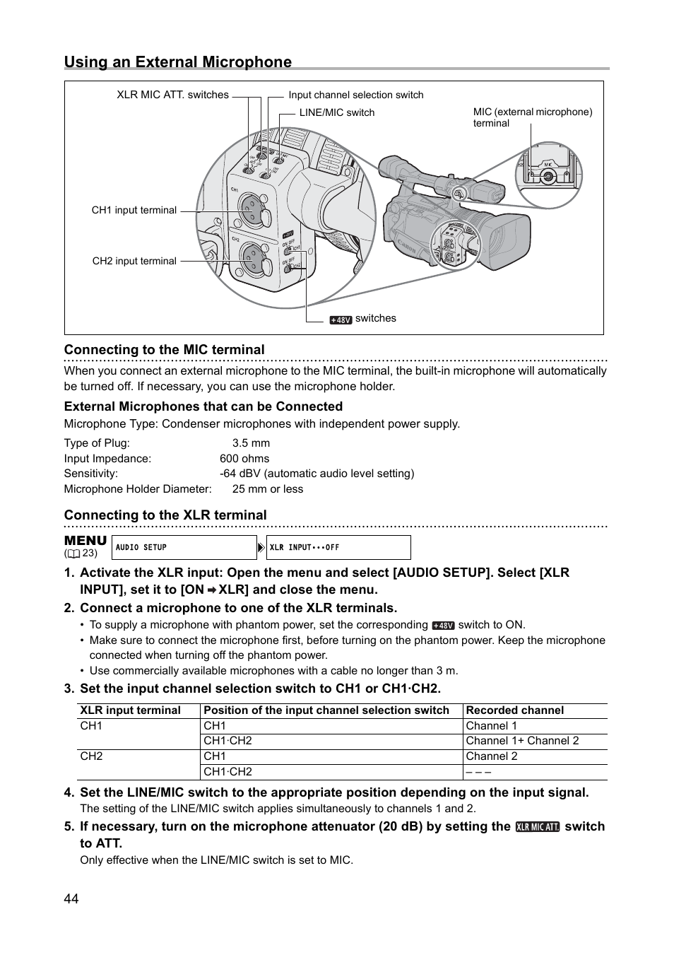Using an external microphone | Canon XH A1 User Manual | Page 44 / 159