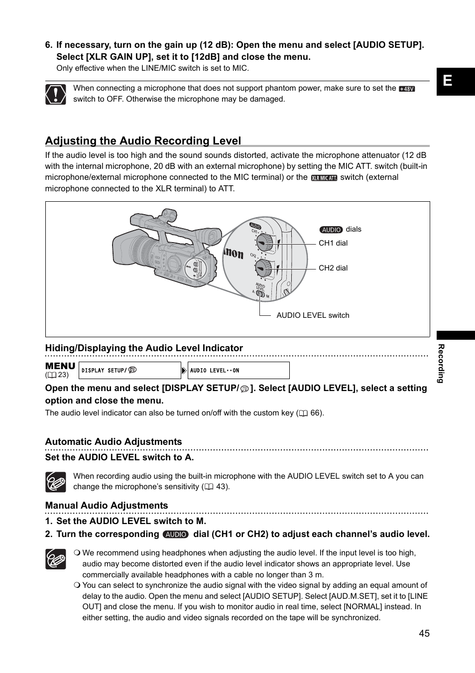 Adjusting the audio recording level | Canon XH A1 User Manual | Page 45 / 159