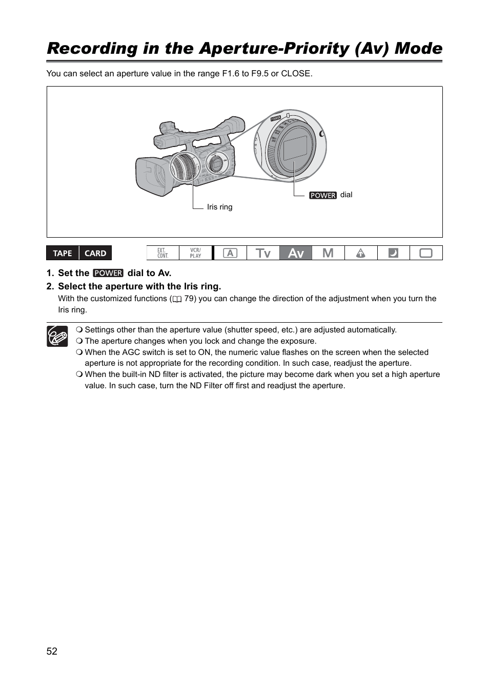 Recording in the aperture-priority (av) mode | Canon XH A1 User Manual | Page 52 / 159