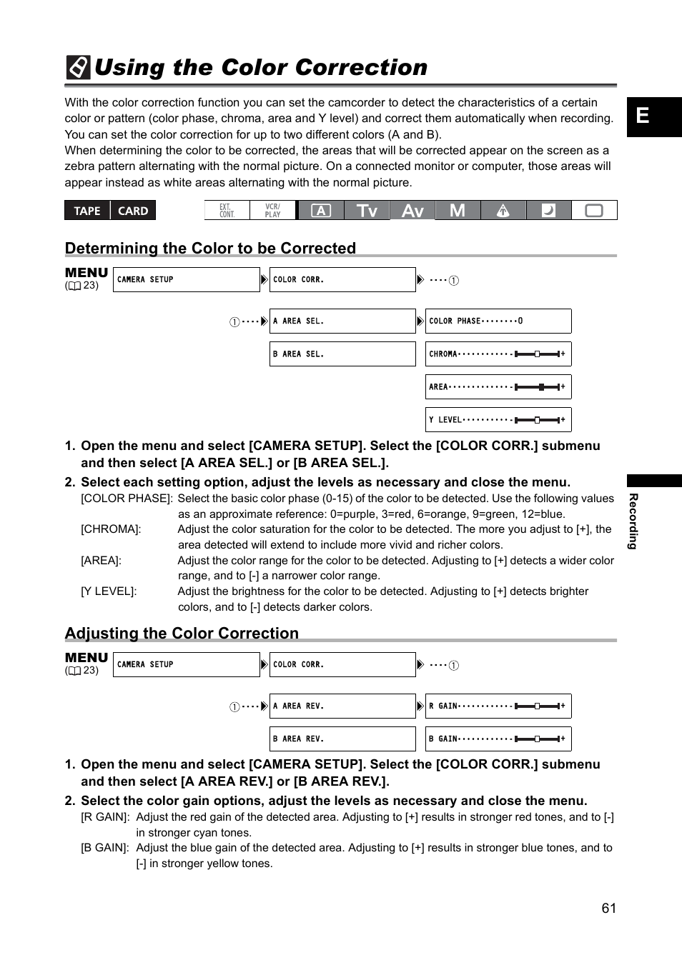 Using the color correction, Determining the color to be corrected, Adjusting the color correction | Canon XH A1 User Manual | Page 61 / 159