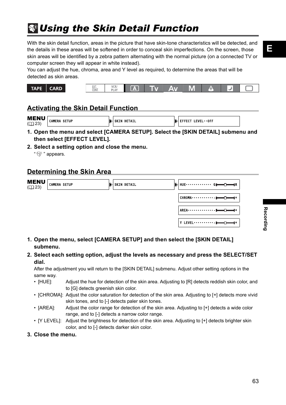 Using the skin detail function, Activating the skin detail function, Determining the skin area | Canon XH A1 User Manual | Page 63 / 159