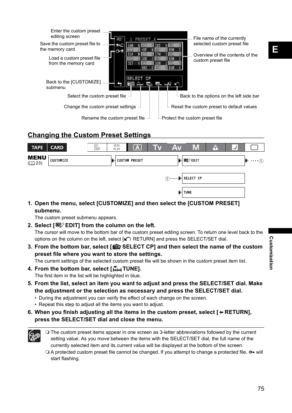 Changing the custom preset settings | Canon XH A1 User Manual | Page 75 / 159